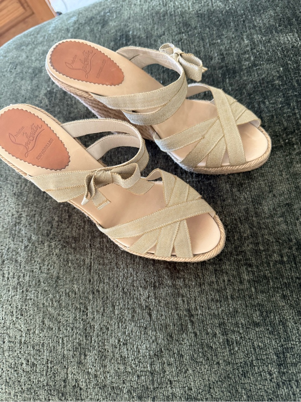 Christian Louboutin Gold Shimmer Delfin Ribbon Cross‑Strap Espadrille Wedges